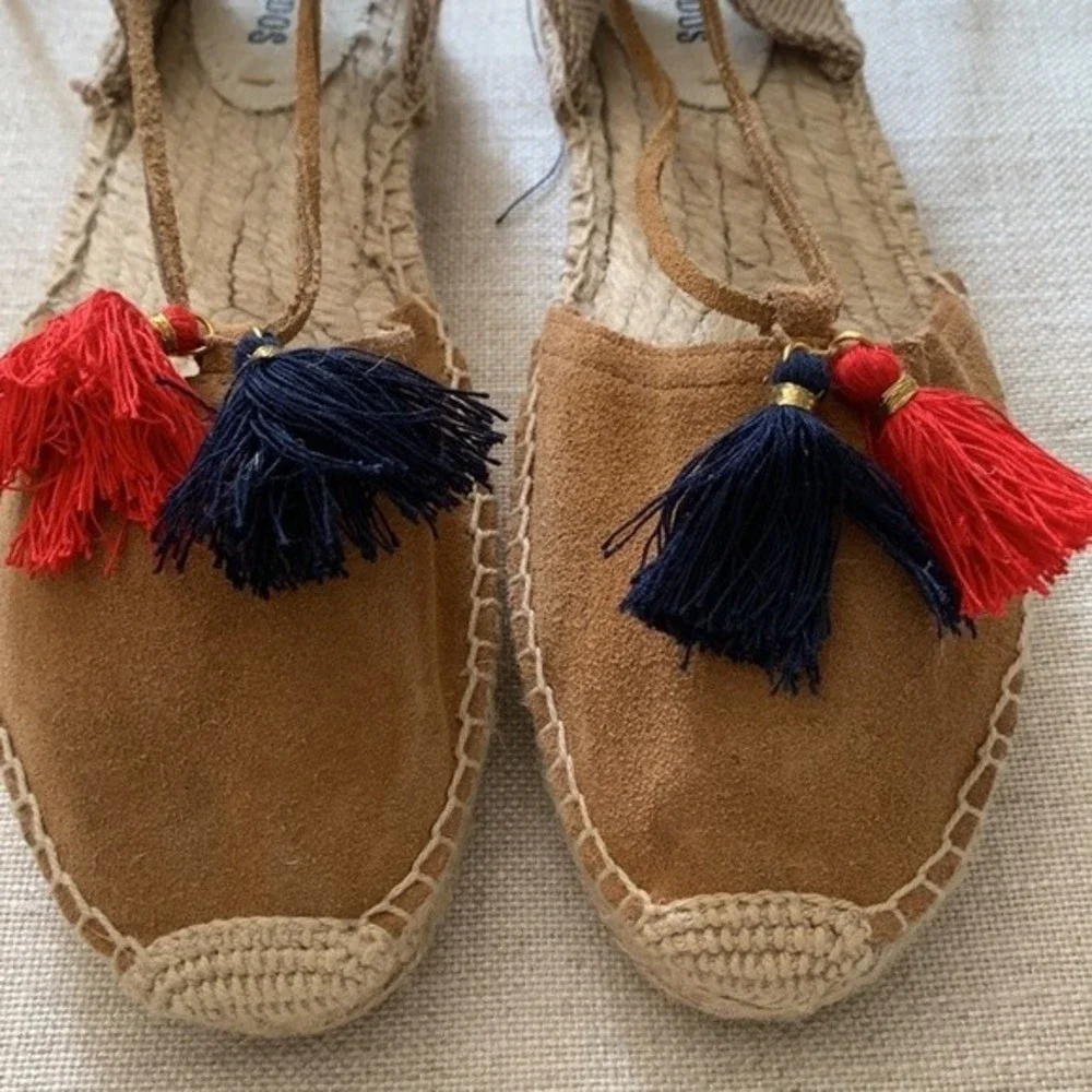Soludos Lauren Tan Suede Lace Up Tassel Espadrille Flat Sandals Size 10